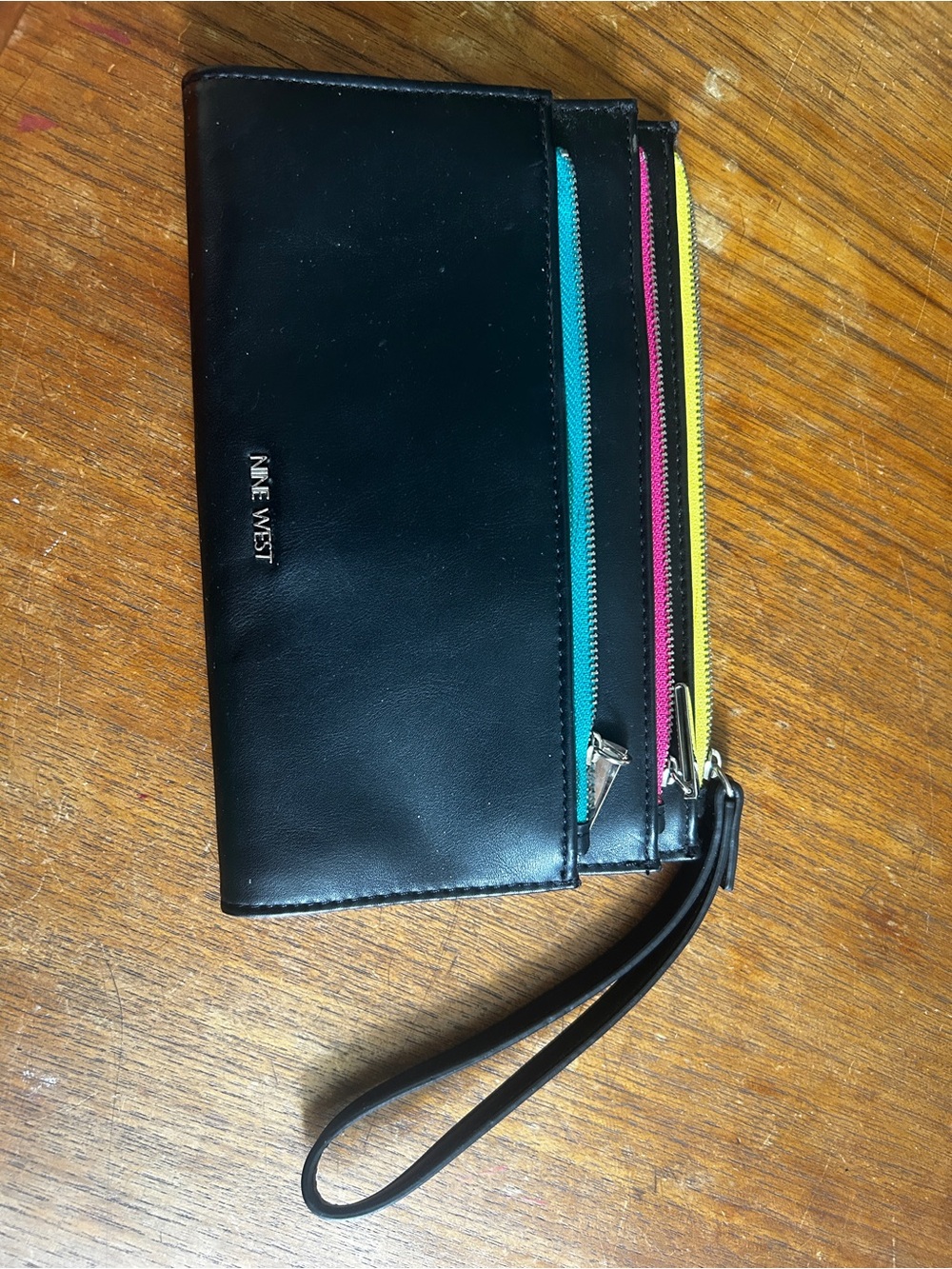 Nine West Black Wristlet with Teal, Pink & Yellow Zipper Accents